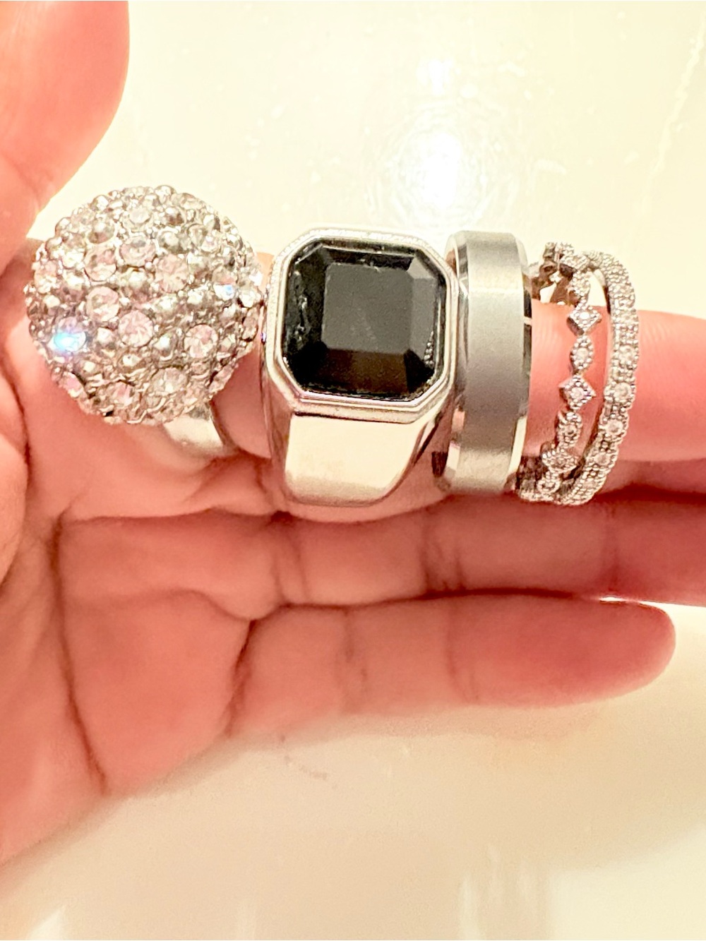 5pc Of Silver-Tone Rings Set with Black Gemstone and Clear Crystals - Size 10